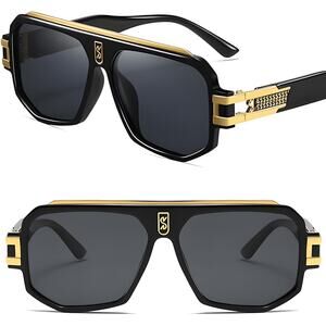 Vintage Retro Pilot Sunglasses Black Gold Frame Polarized UV400 Square Design
